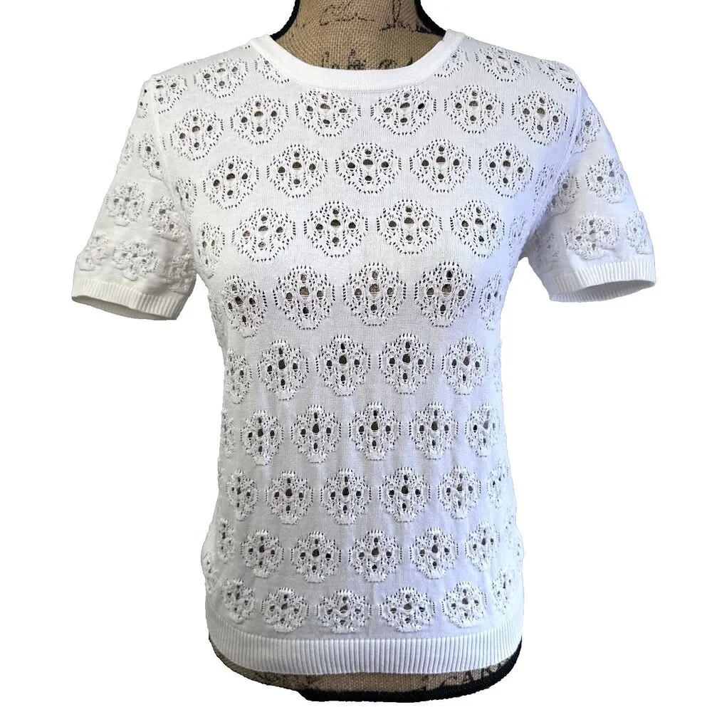 Fairly Blue Women White Eyelet Crochet Knit Cotton Short Sleeve Sweater Top Sz 2